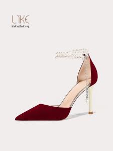 Lireko Wedding Shoes High Heels Chinese Style Sweet Star Pattern Bead Embellished Sharp Pointed Toe Rubber Sole Wedding Footwear