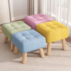 Rustic Solid Wood Low Stool Home Simple Fabric Cozy Living Room Small Bench Soft Sofa Footrest Decorative Display Piece
