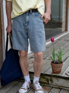 Summer Cool Pineapple Pattern Washed Denim Shorts Dual Color Texture Sensation mid Waist Short Length Straight Loose Fit Jeans