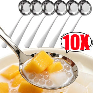 10Pcs Korean Style Deep Round Bowl Soup Spoons / Sturdy Heavy-Duty Stainless Steel Long Handle Table Spoons / Durable Flat Base Eating & Serving Utensils / Ideal Kitchen Tableware for Scooping Soup Broth Sauces and Daily Meal Serving