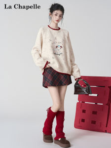 La Chapelle | Áo Sweater Knit Mềm Thêu Chó Con Kiểu Lười Cổ Tròn