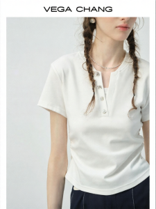 VEGA CHANG | Áo Thun Cotton Cổ V Tay Ngắn