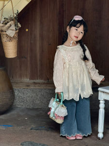 Sweet Floral Print Girls Shirt Layering Atmosphere Sensation Autumn New Style Children Korean Version Long Sleeve round Neck Cotton Blend