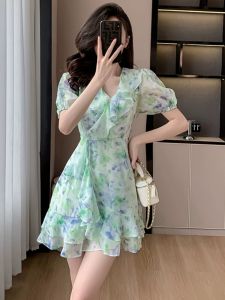Sweet and Salt Beautiful Fairy Chiffon Dress Womens Summer Elegant Ruffle Green Shivering Little Princess Dress