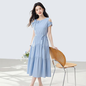 La Chapelle | Đầm Dây Nơ Trễ Vai Đẹp Cho Phụ Nữ Mùa Hè Định Nghĩa Eo Nhỏ Bông Cotton Mid-length