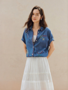 INMAN | Color-blocked Embroidery Denim Shirt for Women