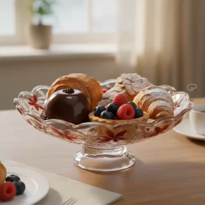 Đĩa Pha Lê Đựng Bánh Trái Cây Dáng Cao 29cm – Họa Tiết Hoa Văn Đỏ Tinh Xảo