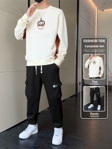 ROMON | Romon Mens Casual Sports Set Round Neck Sweatshirt Long Pants Running Suit Two-Piece Autumn Collection Polyester Fiber