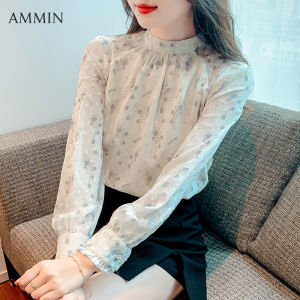 AMMIN Áo Voan Thanh Lịch In Hoa Nhẹ Thoáng Khí Mới Xuân Thu 2023 Áo Cánh Chui Đầu Cổ Đứng Phong Cách Hàn Quốc Cho Nữ Áo Cánh Dài Tay