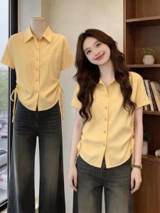 Slimming Design Sensory Drawstring Yellow Short Sleeve Polo Collar Blouse