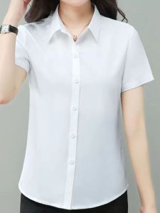 สีขาว หลวม เสื้อทํางานแขนสั้น ผู้หญิง หลากหลาย มืออาชีพ ฤดูร้อน ชุดยูนิฟอร์ม พลัสไซส์ ปุ่มขึ้นสไตล์อุตสาหกรรม โพลีเอสเตอร์ ผ้า