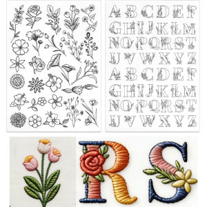 Stick and Stitch Embroidery Patterns Water Soluble Stabilizer Wash Away Sewing Paper Pre-Printed Floral Alphabet for Hand Sew