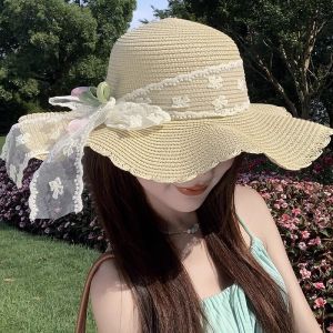Girly Pearlized Tulip Hat with Lace Bow for Summer Travel and Sun Protection