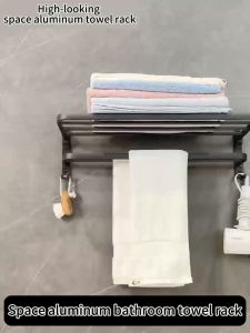 Aviation aluminum Bathroom Towel Rack Toilet Bathroom with Hook Storage Aluminum Wall Mounted Rack Bathroom Rack Towel Bar Towel Hanger Shower Hand Towel Holder Kitchen Towel Hanger Organizer Wall Mount No Drilling Mount Bathroom Rack Home Waterproof