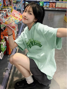 Pure Cotton Mambo Style Mint Green Short Sleeve T-Shirt Womens Summer Dopamine Wear American Retro Loose Half-Sleeve Top