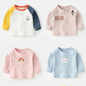 เสื้อยืดคอกลมแขนยาวผ้าฝ้ายสำหรับเด็กชายและเด็กหญิง เสื้อชั้นในฤดูใบไม้ผลิและฤดูใบไม้ร่วง เสื้อผ้าเด็กตัวบนสำหรับสวมใส่กลางแจ้ง