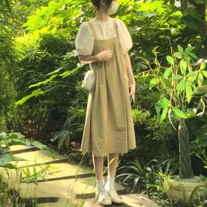 ชุดเดรสแขนพองหวานสไตล์เกาหลี ชุดกระโปรงสองชิ้นสำหรับเด็กผู้หญิง ชุดเสื้อแขนสั้นและกระโปรงพร้อมเข็มขัด ชุดฤดูร้อน