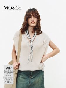 MO&Co. | Vintage Distressed V-neck Sweater Vest Thin Glue Print Cotton Linen Tencel