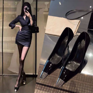 Black Metal Heels Womens High Heel Shoes Thin Stiletto Painted Leather Single Shoes Fashionable Elegant Slip-On round Toe