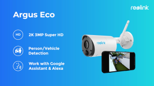 Reolink Argus Eco : Time Lapse Wireless Security Camera Indoor/Outdoor 3MP Rechargeable Battery-Powered - BWB2K07