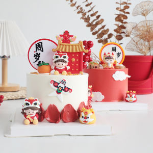 Trendy National Style Baby First Birthday Cake Decoration Lion Dance Props Chinese Style Dessert Display Festive Accessories