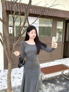 Váy Dài Tay Màu Xám Ôm Vừa Vặn Kiểu Pháp Mùa Thu Váy Dài Đến Đầu Gối Váy Dài Thường Ngày Váy Dài Mùa Thu