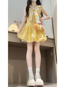 Váy Ngắn Xếp Ly Màu Vàng Phong Cách Đại Học Cổ Thuyền Thắt Nơ Lớn Váy Khoét Chữ A Mùa Hè Cotton Không Tay Thường