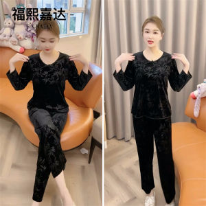 New 2024 Womens Long Sleeve Velvet Sleepwear Gold Thread Luxury Home Clothes Autumn Winter High Sensation Floral Print Pajamas