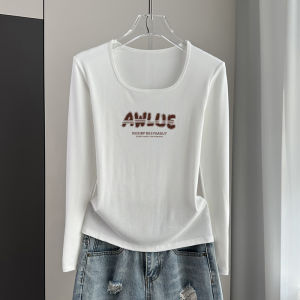 White Long Sleeve Pure Cotton Womens T-shirt Shoulder Width Regular Spring Autumn New Style Slim Fit Square Collar Base Top