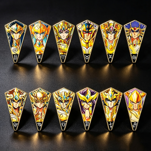 12 Golden Saint Seiya Zodiac Pins Set Anime Twelve Gold Saints Enamel Brooches Constellation Lapel Badges Collectible Gift