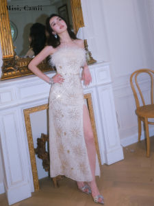 Misi.Camii Spring Summer New Style Feathers Halter Gown Women Fashionable High Waist Ball Dress mid Length O Type Skirt