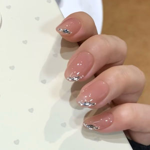 Handmade Nail Tips French Style Simple Nude Color Pure Desire Ice through Fake Nails Student Daily Medium Long Wearable Nails