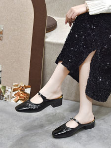 Silver Toe Covering French Style Slippers Thick Heel Womens Shoes Spring Summer Casual Mary Jane Flat New Chinese Style Footwear
