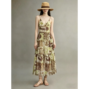 GULILI | Waist-Cinching Green Floral Halter Long Dress