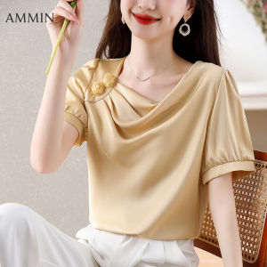 AMMIN new summer three-dimensional rose patchwork short sleeve solid color commuter chiffon shirt for women Korean style pressed round neck fashion elegant blouse