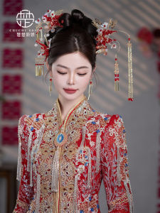 เครื่องประดับผมสไตล์จีนโบราณสำหรับเจ้าสาว ชุดฮันฟู่สีแดงทอง ชุดแต่งงานสไตล์จีนใหม่ วัสดุโลหะผสม เครื่องประดับผมสำหรับเจ้าสาว