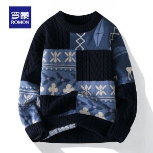 ROMON | Loose Fit Round Neck Knitted Sweater For Men Warm Floral Pattern Base Layer Shirt Trendy Autumn Winter New Arrival By Romon