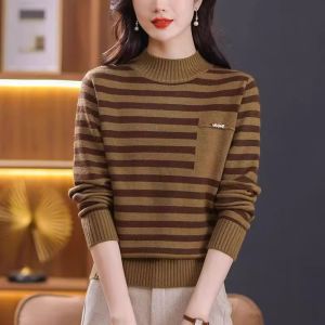 Autumn Winter Womens Loose Fit Striped Knit Sweater Half High Collar Base Layer Top Slimming Color Block Inner Wear Tunic