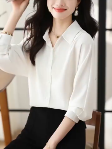 Women Polo Neck Formal Blouse Retro Plain Shirt Top