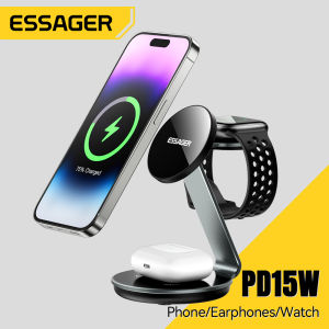 Essager แท่นชาร์จไร้สาย15W ชาร์จเร็วอุปกรณ์ชาร์จไร้สายอเนกประสงค์ตั้งโต๊ะ + S6 USBA18W เดียวเดินทาง Us/eu ปลั๊กสำหรับ iPhone 15ชาร์จเร็ว AirPods Apple ดูแท่นชาร์จไร้สาย