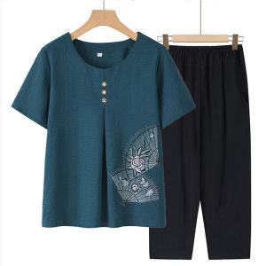Summer Fashionable Two-Piece Set Short Sleeve Polyester Blend Comfortable Loose Fit for Elderly Women Bird And Flower Pattern