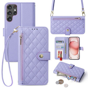 Crossbody Strap Leather Phone Case for Samsung Galaxy S25 FE S23 Ultra S24 Plus Flip Zipper Wallet Card Protect Cover Coque