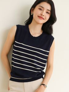 Pure Cotton Ladies Vest Strap Knitted Casual Commute Inner Wear Sleeveless Loose Top Work Strip Design Comfortable T-Shirt