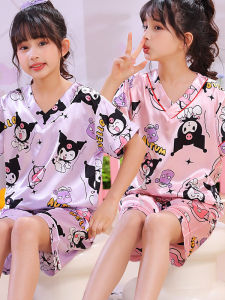 Kids Pajamas Girl Summer Ice Silk Thin Short Sleeve Clow M Girl Silk Summer Baby Clothes in Air-Conditioned Room Suit