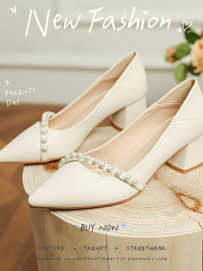 LADYSFSV Korean Wedding for Bride Beige Pointed Toe Close Shoes 2inch Block Heels Elegant Office Shoes for Women