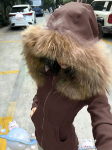 SUHUIQIAN | Hooded Slim Fit Brown Faux Fur Trim Polar Fleece Jacket Winter Ladies Sweater