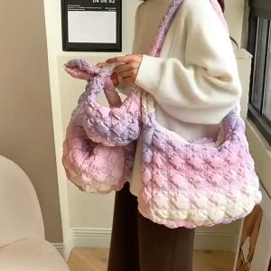 (SG Seller) Pink Gradual Womens Crossbody Bag Pleated Cloud Shoulder Bag Trend Down Ruched Underarm Bag Ladies Nylon Fashion Dumpling Bags