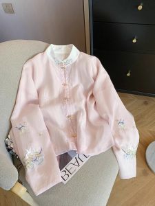 SHENGHUOYA | Áo Blouse Màu Hồng Cổ Tròn Trung Quốc Phong Cách Retro Thêu Brocade