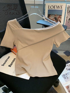 Khaki Short Sleeve T-Shirt Womens Fashionable Slim Fit Summer One Shoulder Top Commute Style Korean Version Regular Length