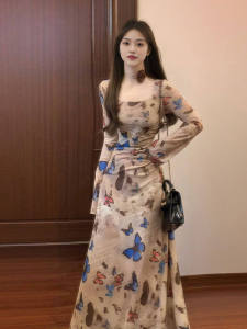CHANGTONG | Butterfly Print Waist Accentuating Fashionable Dress